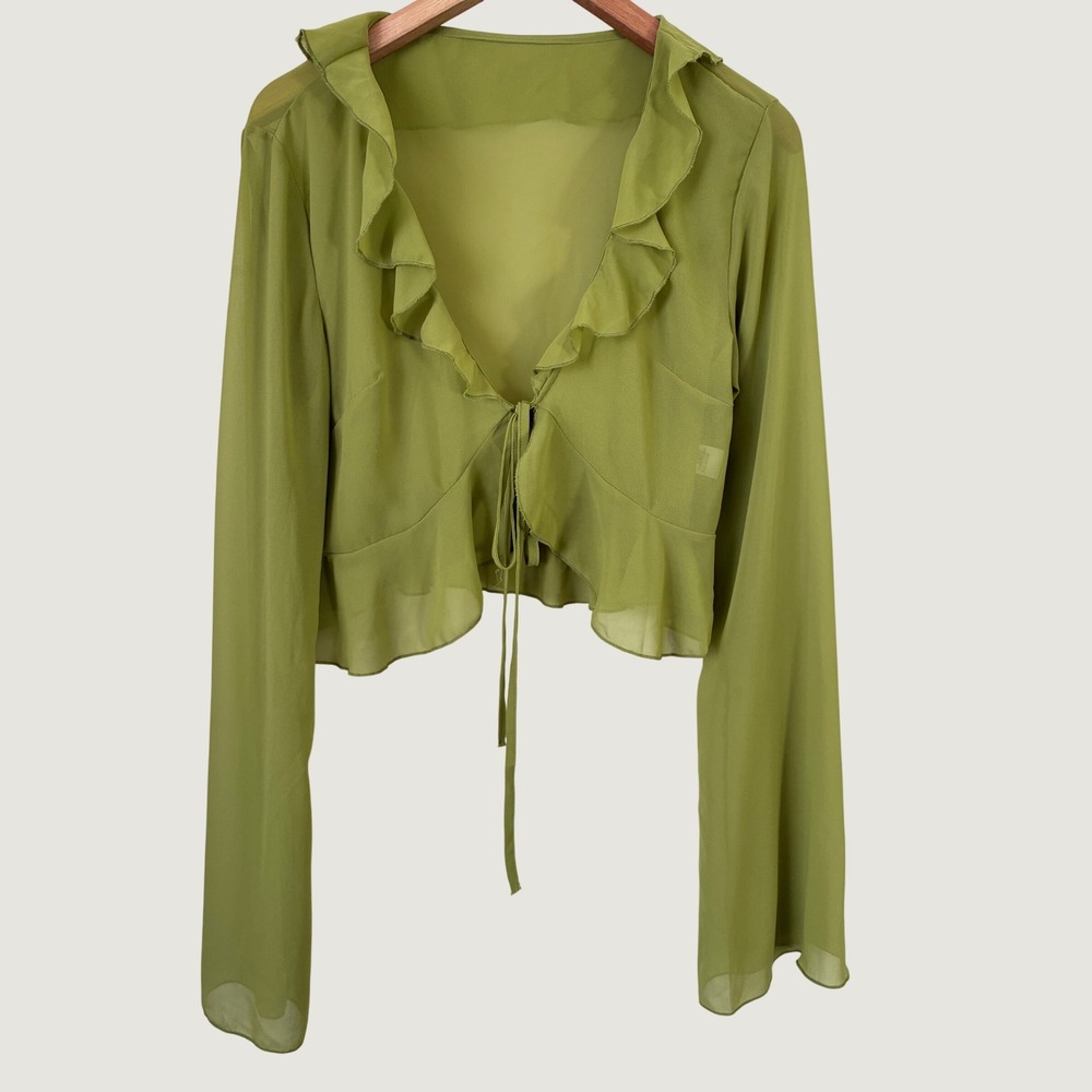 Green Sheer Ruffle Tie Front Crop Cardigan Fairycore Bell Sleeve Top Large
